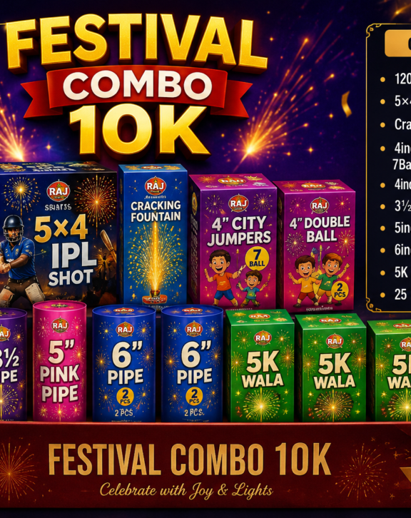 Festival combo 10k 120shot-1box 5×4 ipl shot-1box Cracking fountain -1box 4inch City jumpers 7ball(2pcs)-1box 4inch Double ball (2pcs)-1box 3½ pipe-3box 5inch pink pipe-1box 6inch pipe (2pcs)-1box 5k wala-3 box 25 raider-1box